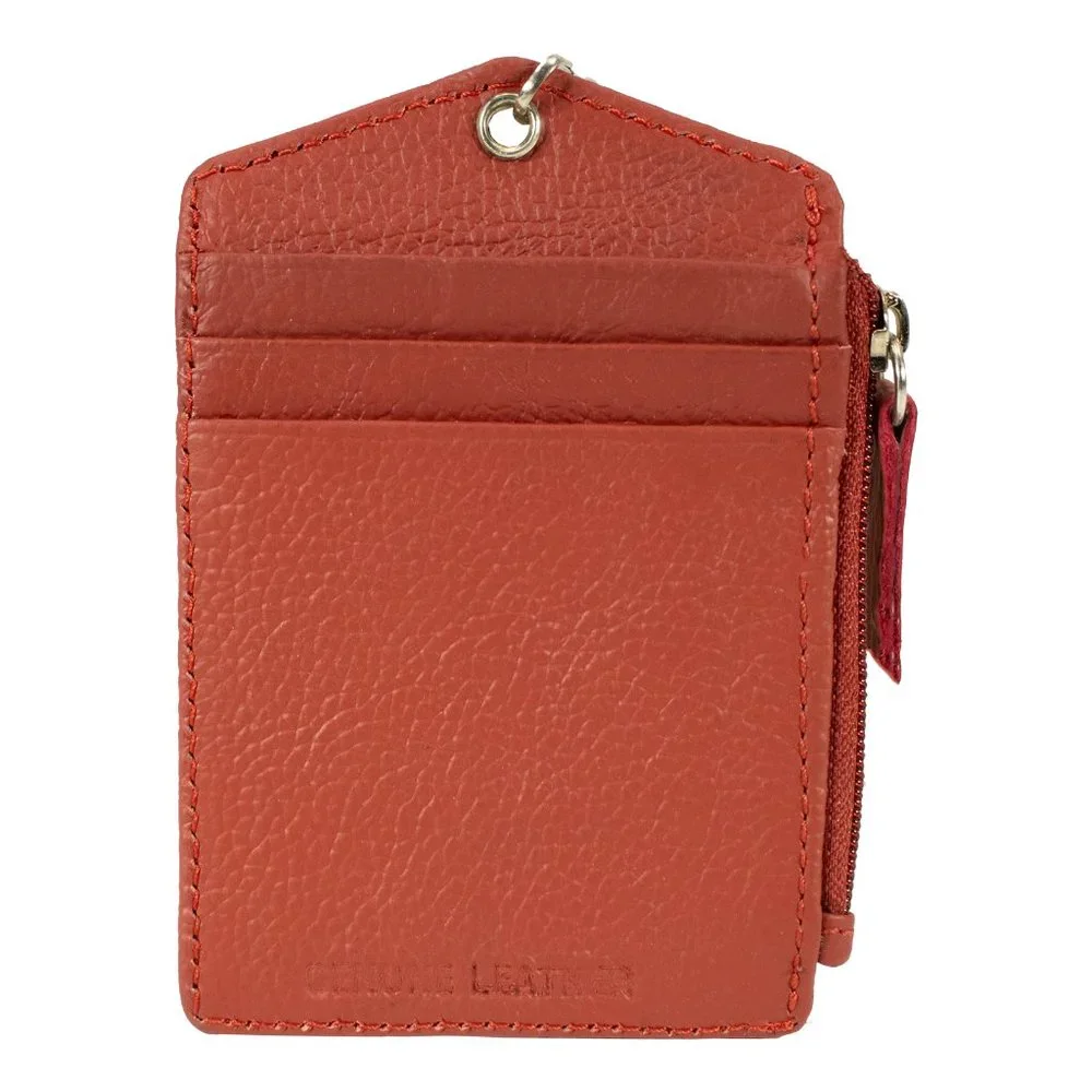 ID Lanyard Card Holder in Genuine Leather with Long Metal Chain for Men/Women